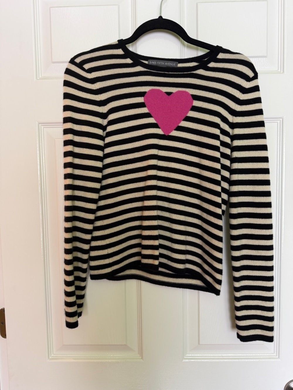 Saks Fifth Avenue Black & Cream Striped Sweater with Pink Heart Motif